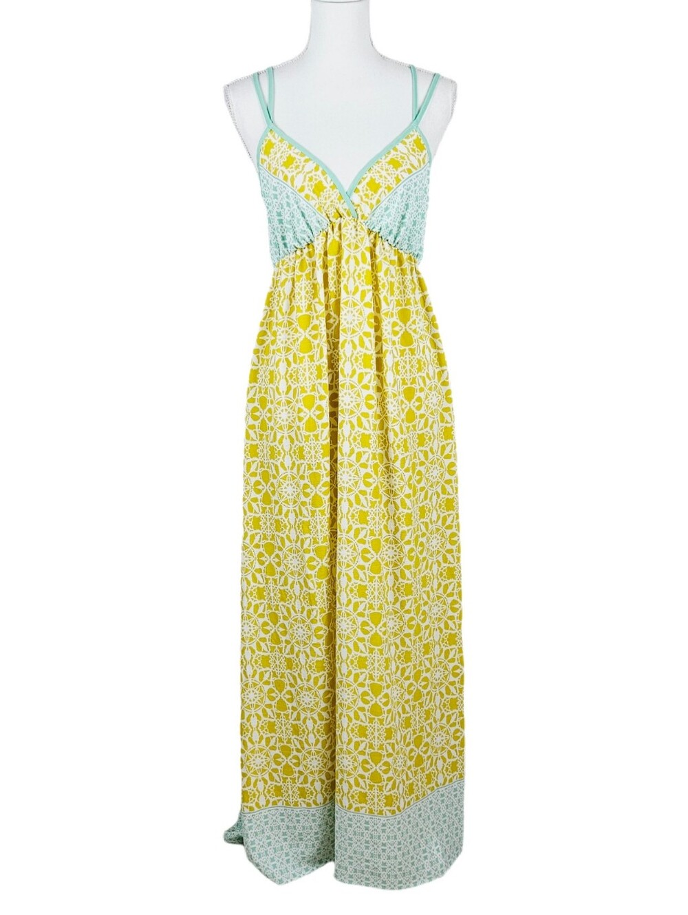 Love Stitch Maxi Dress Beach Coverup Womens M Strappy Sleeveless Yellow Green